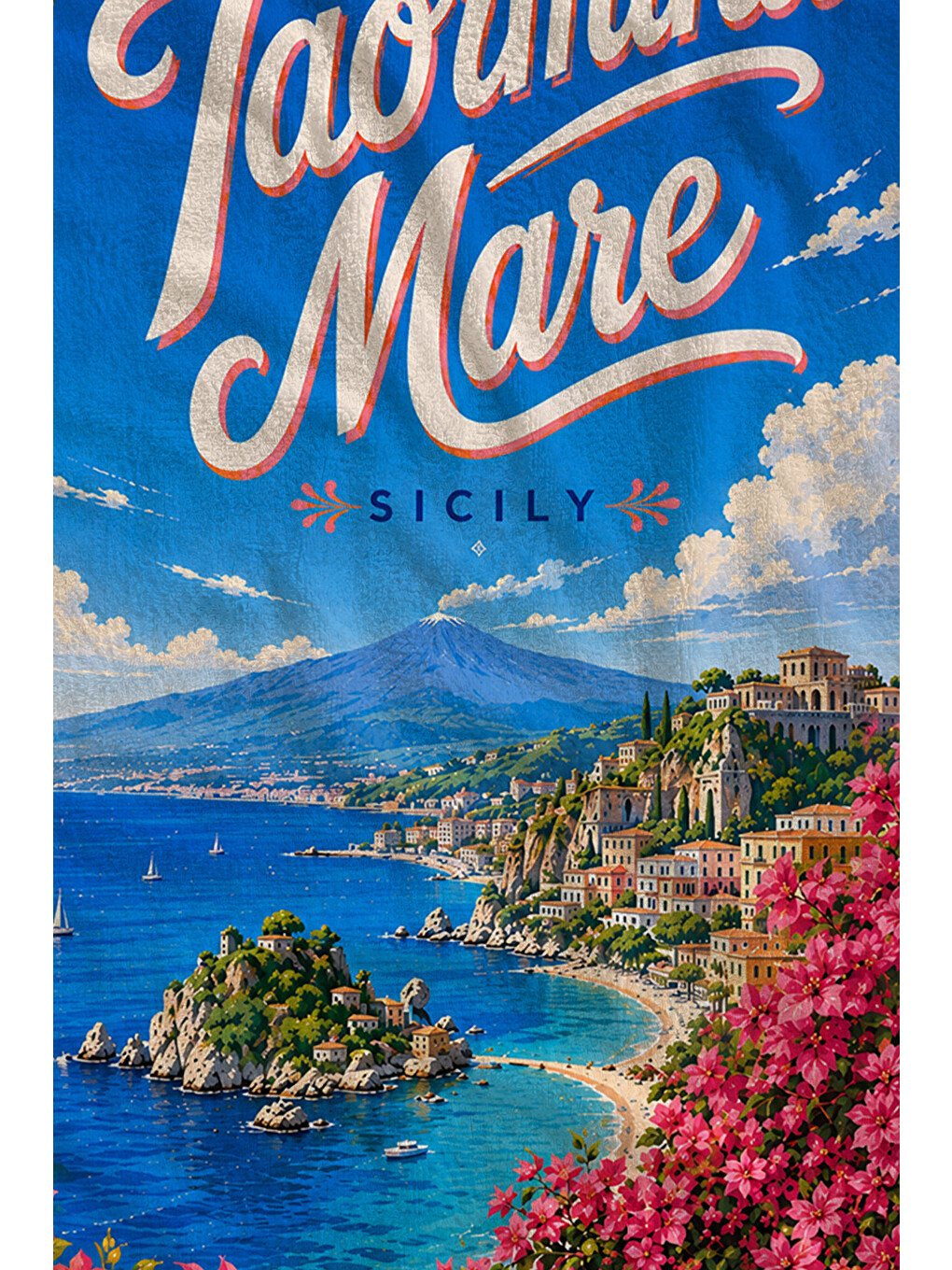 Mavi Vintage Taormina Mare Sicilya Sahil Posteri Desenli 70x150 Plaj Havlusu - Pamuklu Banyo Havlusu-2