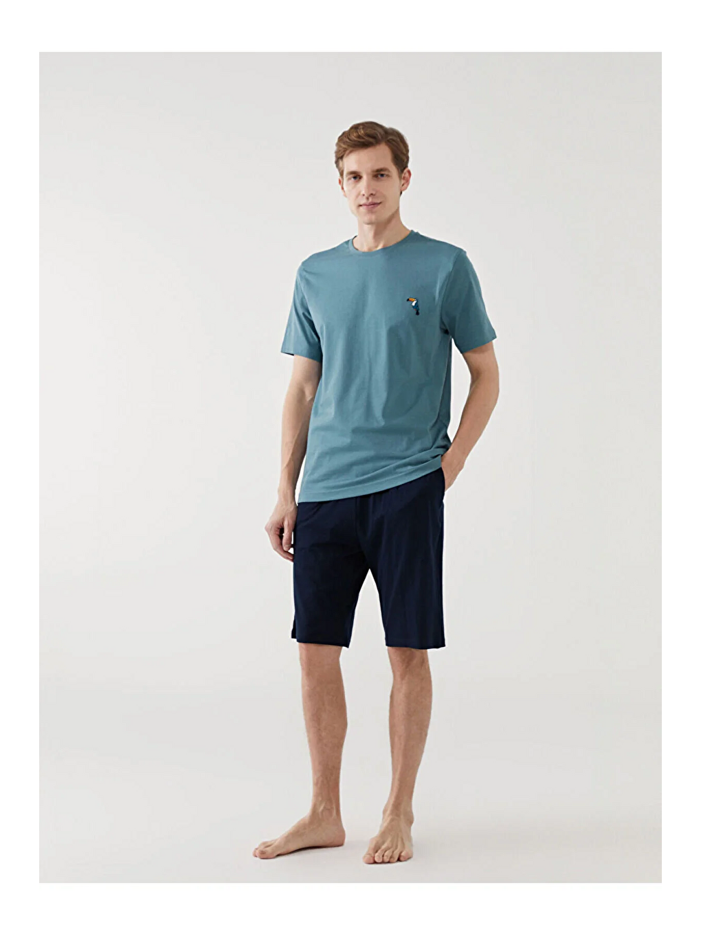 Erkek Basic Kısa Kollu Bermuda Petrol Renk Pijama Takımı