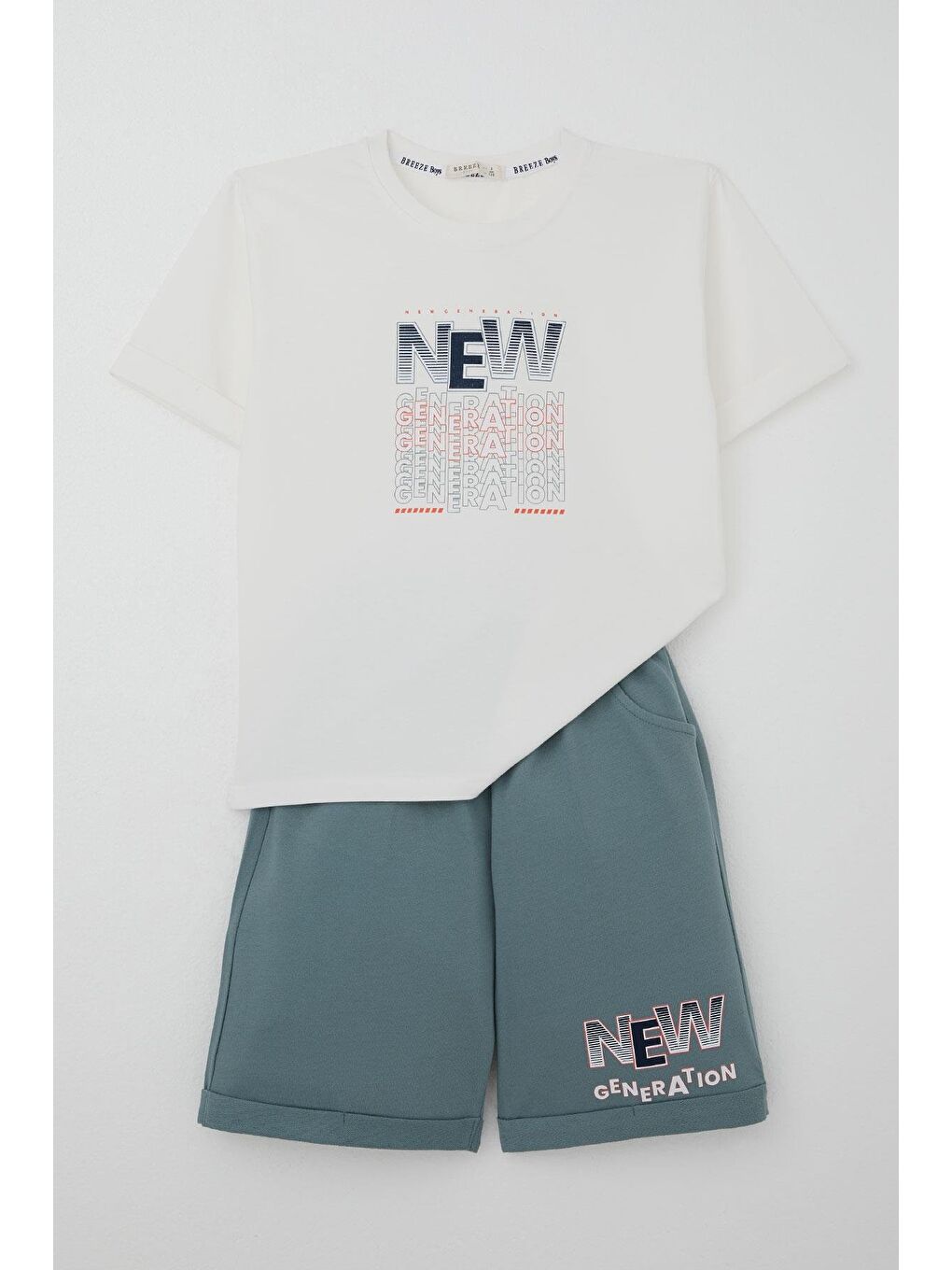 Erkek Çocuk Şortlu Takım Yazı Baskılı Cepli Ekru (8-14 Yaş)