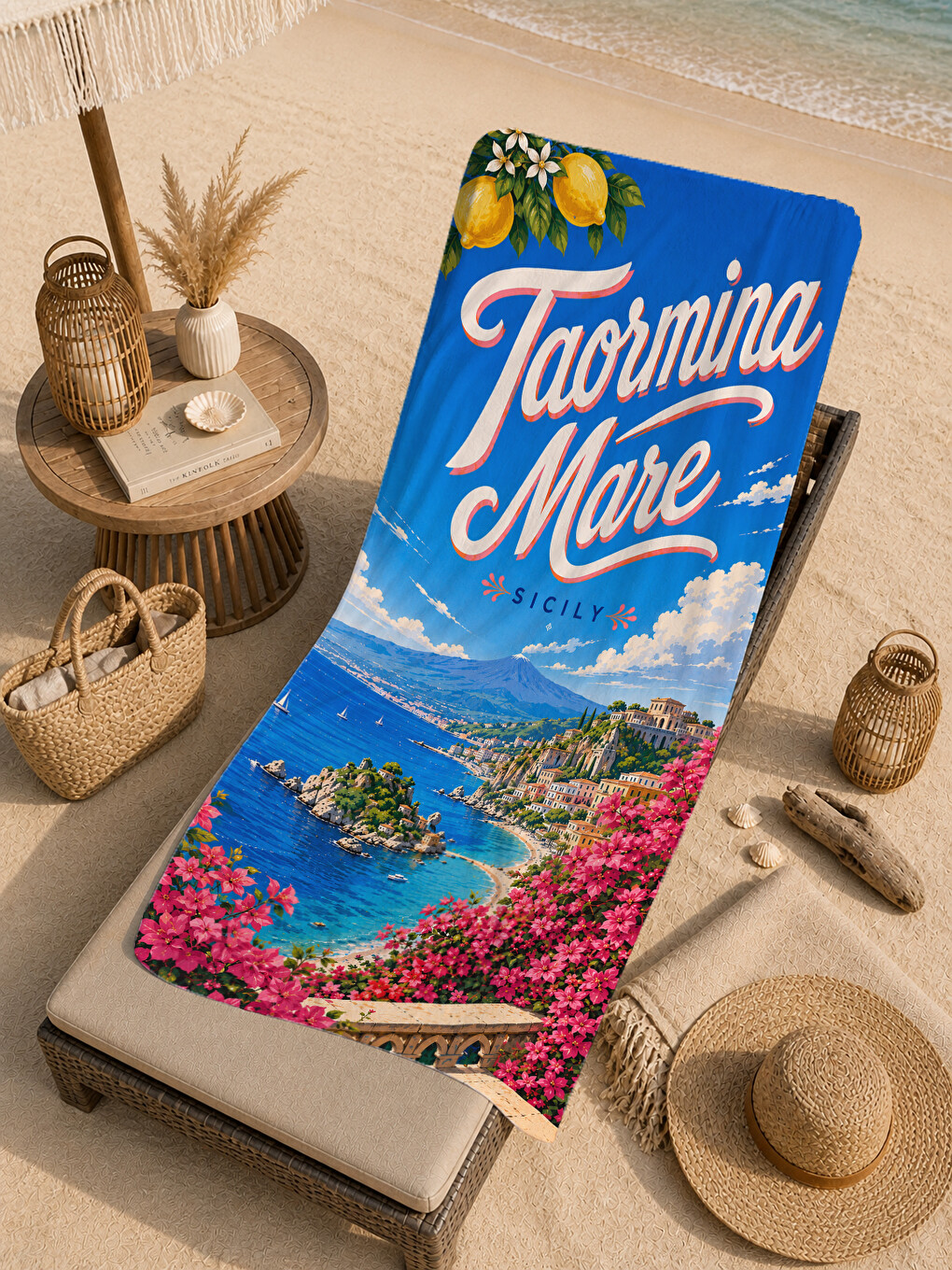 Mavi Vintage Taormina Mare Sicilya Sahil Posteri Desenli 70x150 Plaj Havlusu - Pamuklu Banyo Havlusu-3
