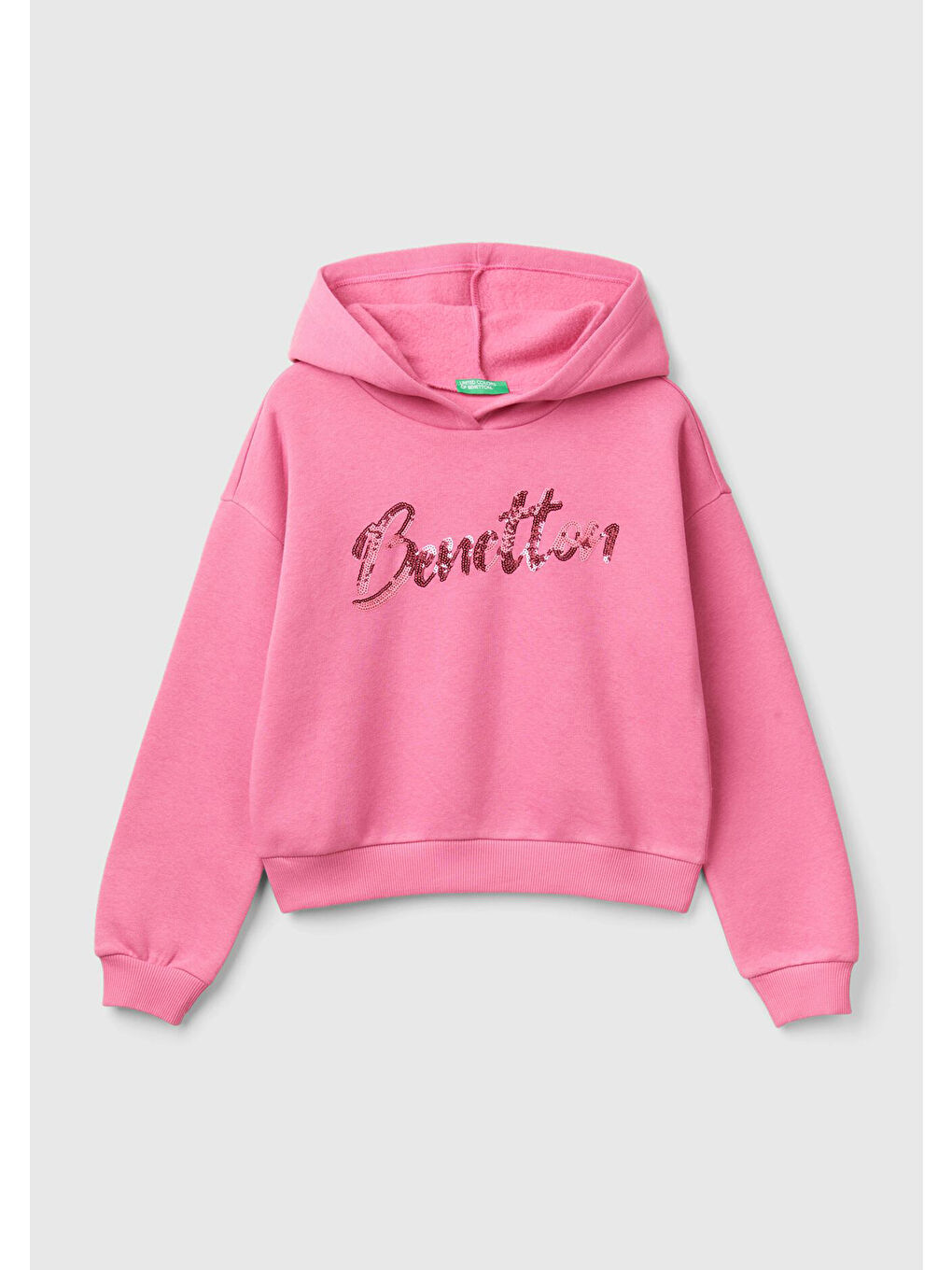 United Colors Of Benetton Kız Çocuk Pembe Pamuk Karışımlı Payet Logolu Kapüşonlu Sweatshirt