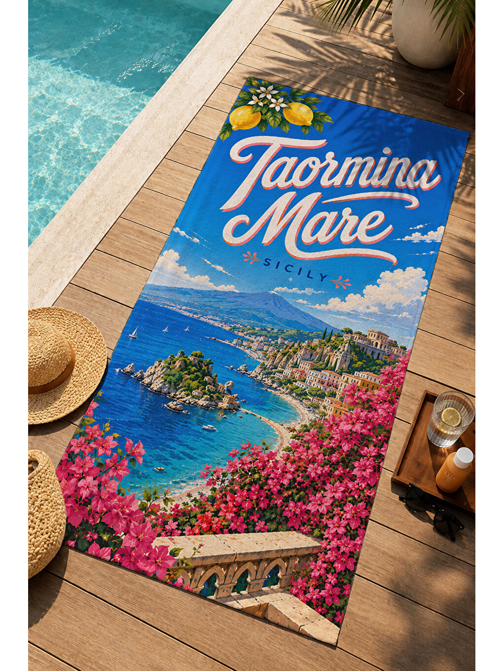 Mavi Vintage Taormina Mare Sicilya Sahil Posteri Desenli 70x150 Plaj Havlusu - Pamuklu Banyo Havlusu-4
