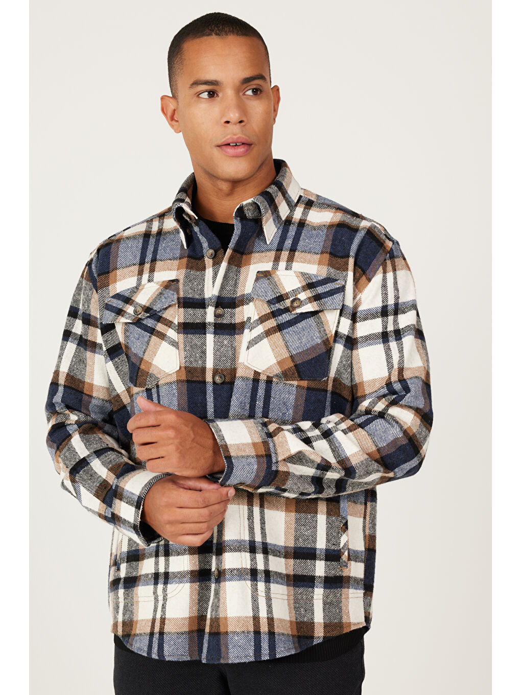 Erkek Lacivert-Kahverengi Oversize Fit Geniş Kesim Gizli Düğme Yaka Desenli Gömlek Ceket-3