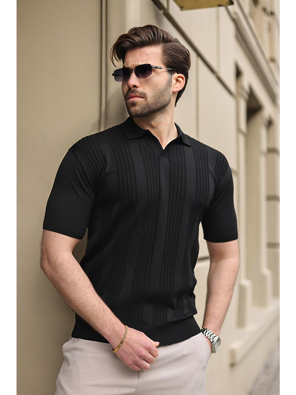 Siyah Polo Yaka Triko Erkek Tişört E7469-1