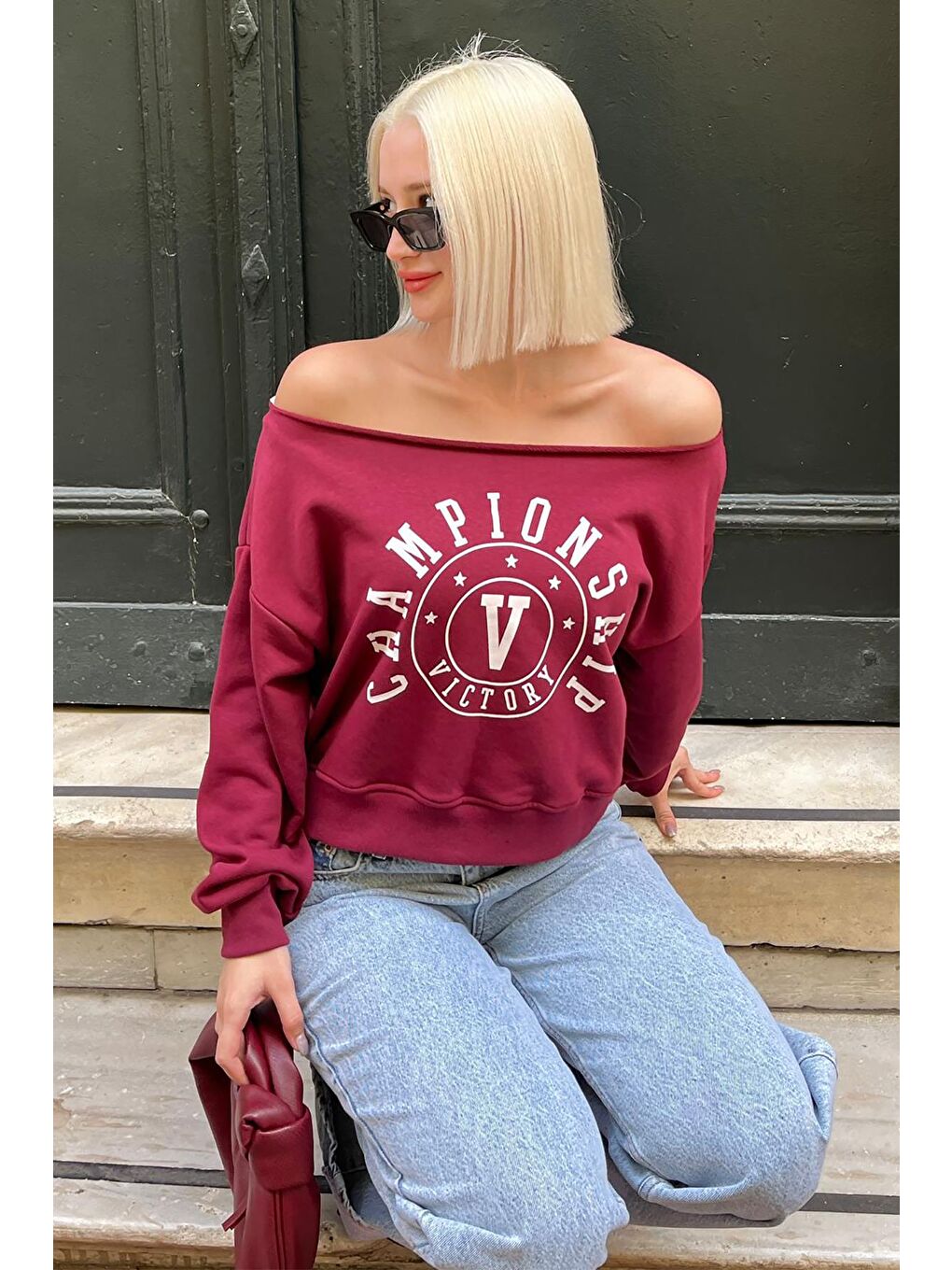 Madmext Bordo Kayık Yaka Baskılı Kadın Sweatshirt MG2205