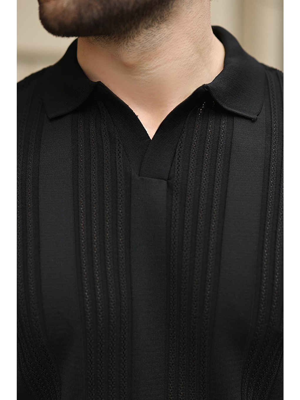 Siyah Polo Yaka Triko Erkek Tişört E7469-2