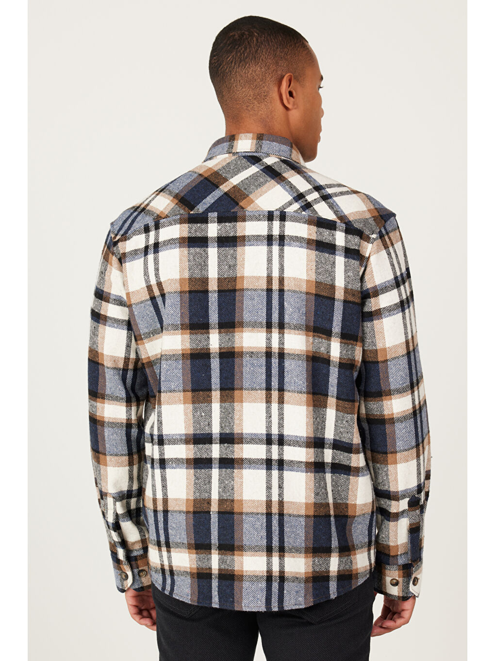 Erkek Lacivert-Kahverengi Oversize Fit Geniş Kesim Gizli Düğme Yaka Desenli Gömlek Ceket-5