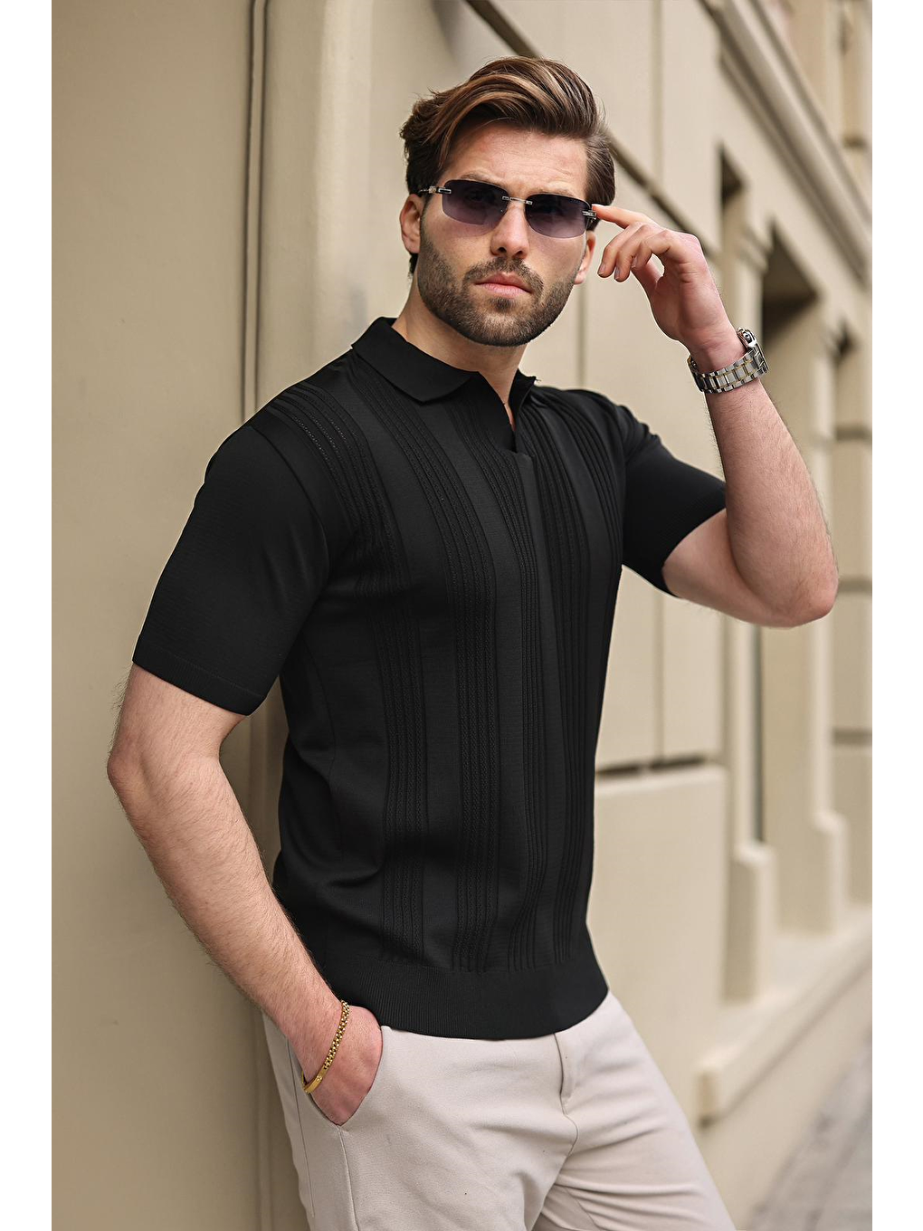 Siyah Polo Yaka Triko Erkek Tişört E7469-3