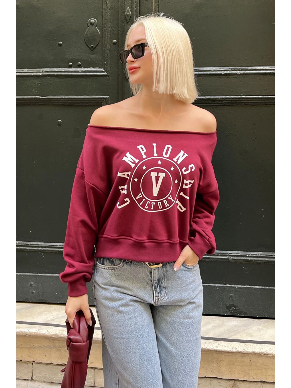 Madmext Bordo Kayık Yaka Baskılı Kadın Sweatshirt MG2205 - 2