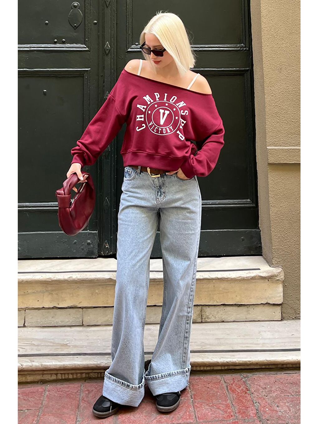 Madmext Bordo Kayık Yaka Baskılı Kadın Sweatshirt MG2205 - 3