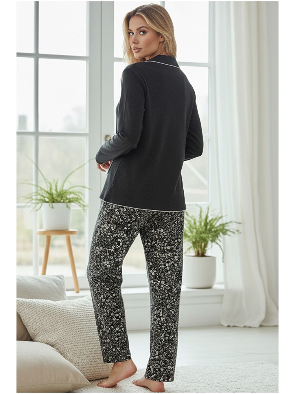 Karışık Cepli Bürümcük-krınkıl Uzun Kollu Düğmeli Örme Pijama Takım 7991-2