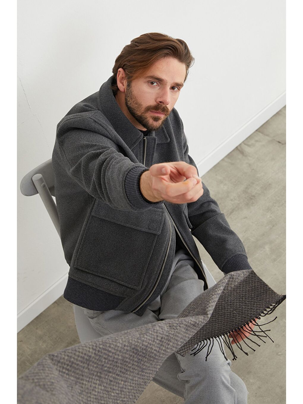 Antrasit Fermuarlı Polo Yaka Cepli Kaşe Ceket-1