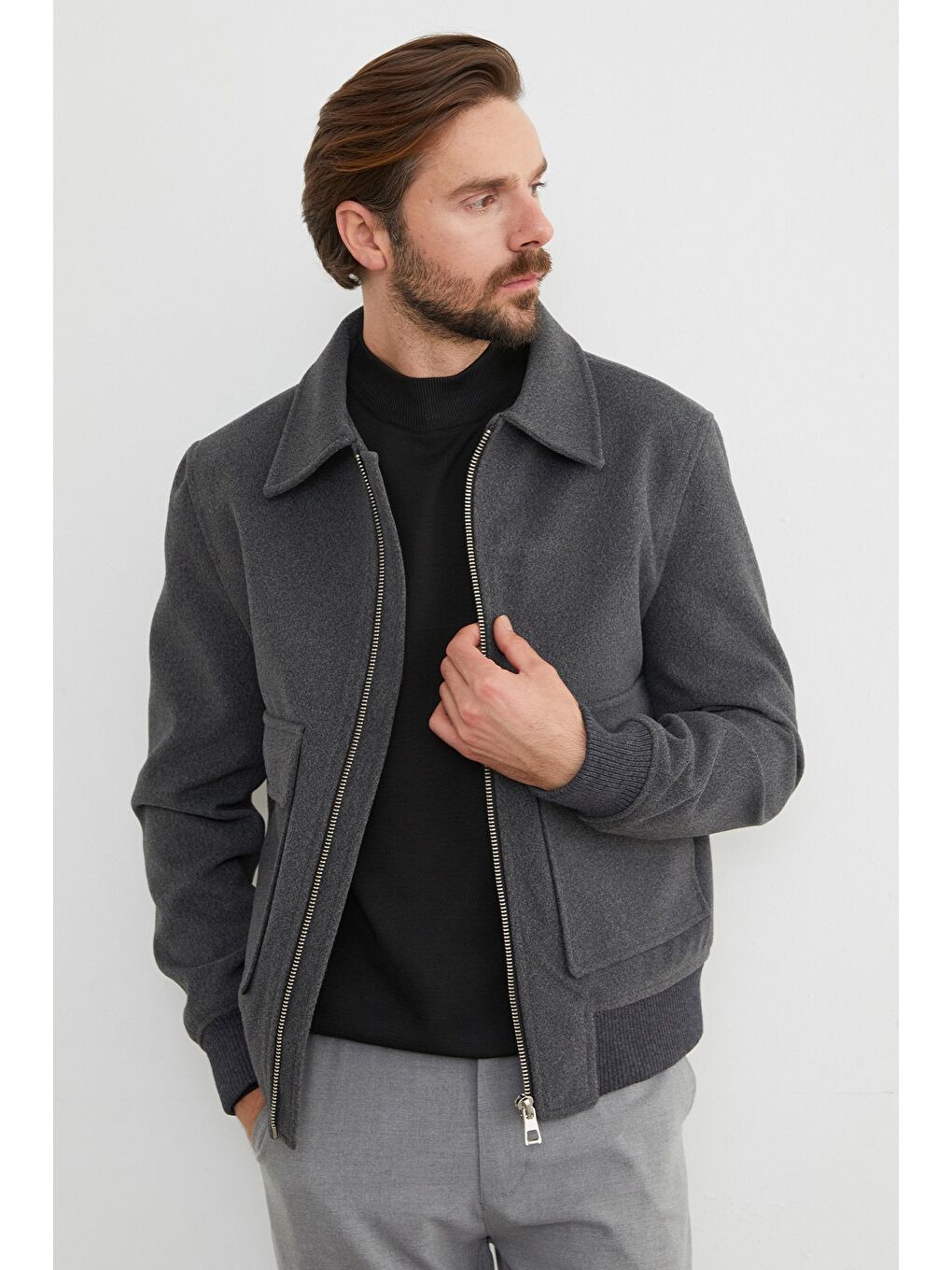 Antrasit Fermuarlı Polo Yaka Cepli Kaşe Ceket-2