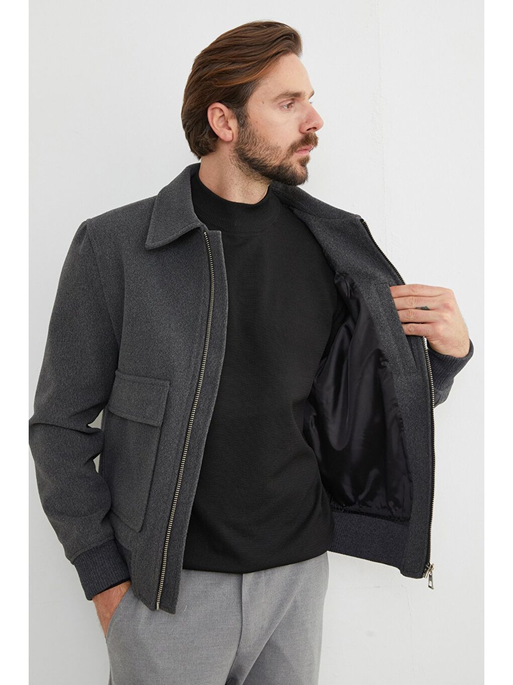 Antrasit Fermuarlı Polo Yaka Cepli Kaşe Ceket-3