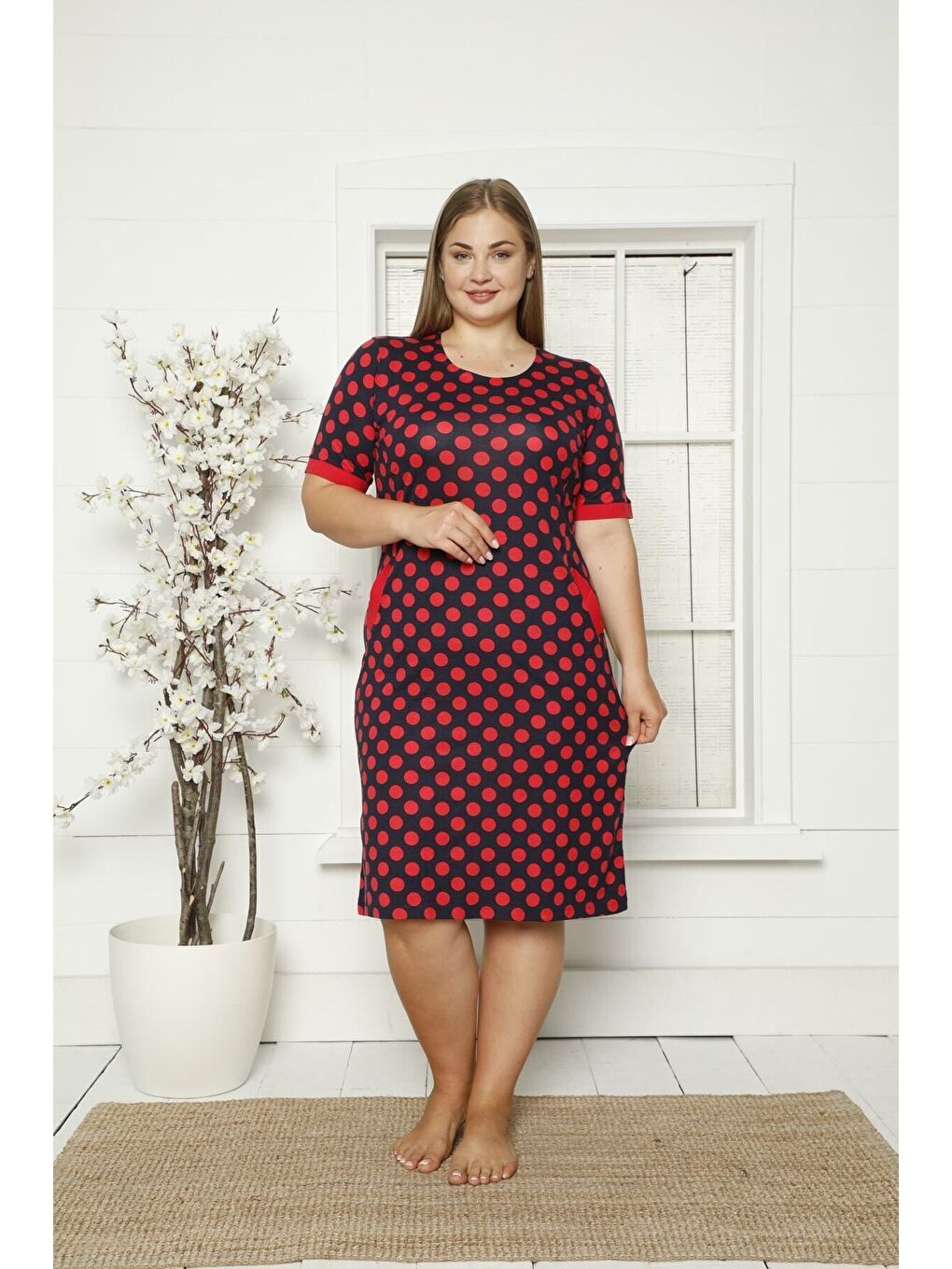 Siyah Puantiyeli Cepli Biyeli Kısa Kollu Penye Modal Büyük Beden Pamuklu Elbise-1