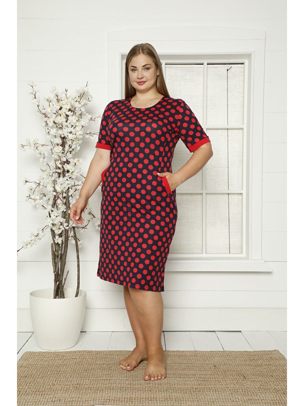 Siyah Puantiyeli Cepli Biyeli Kısa Kollu Penye Modal Büyük Beden Pamuklu Elbise-2