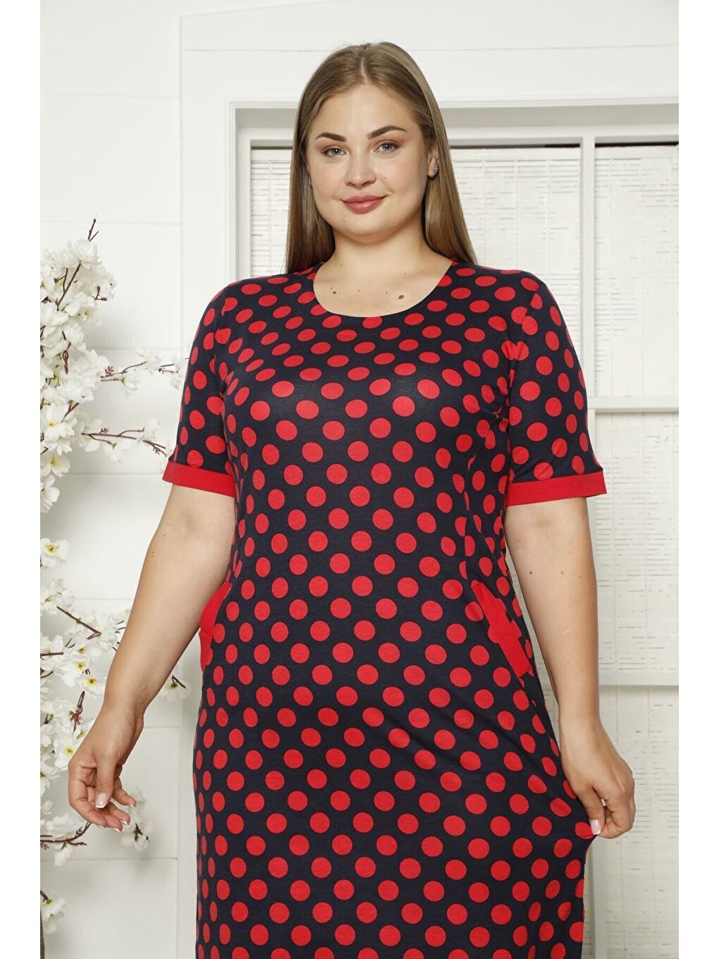 Siyah Puantiyeli Cepli Biyeli Kısa Kollu Penye Modal Büyük Beden Pamuklu Elbise-3