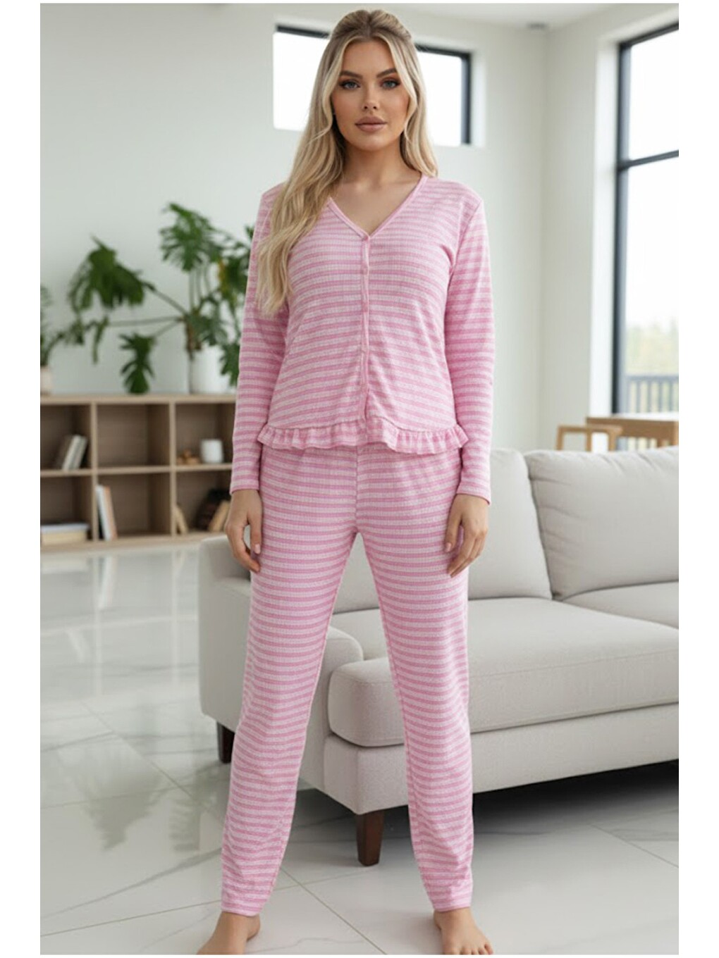 Pembe Bürümcük-krınkıl Uzun Kollu Düğmeli Örme Pijama Takım 7990-1