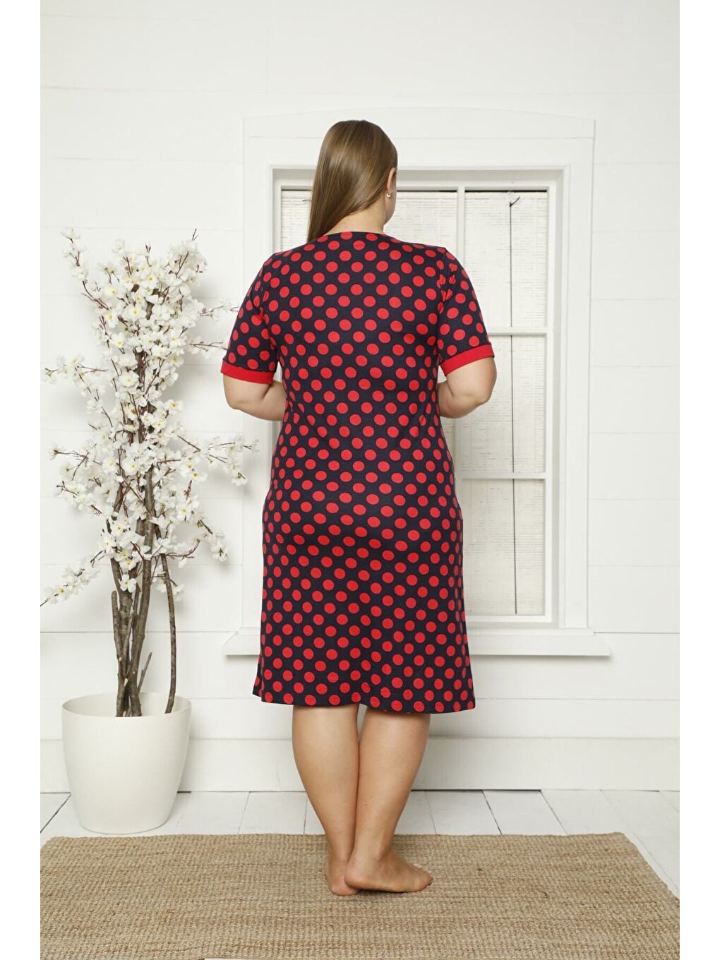 Siyah Puantiyeli Cepli Biyeli Kısa Kollu Penye Modal Büyük Beden Pamuklu Elbise-4