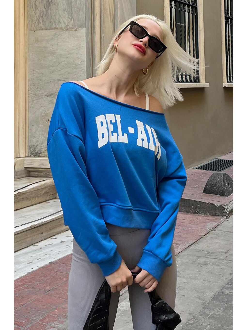 Madmext Saks Kayık Yaka Baskılı Kadın Sweatshirt MG2205 - 3