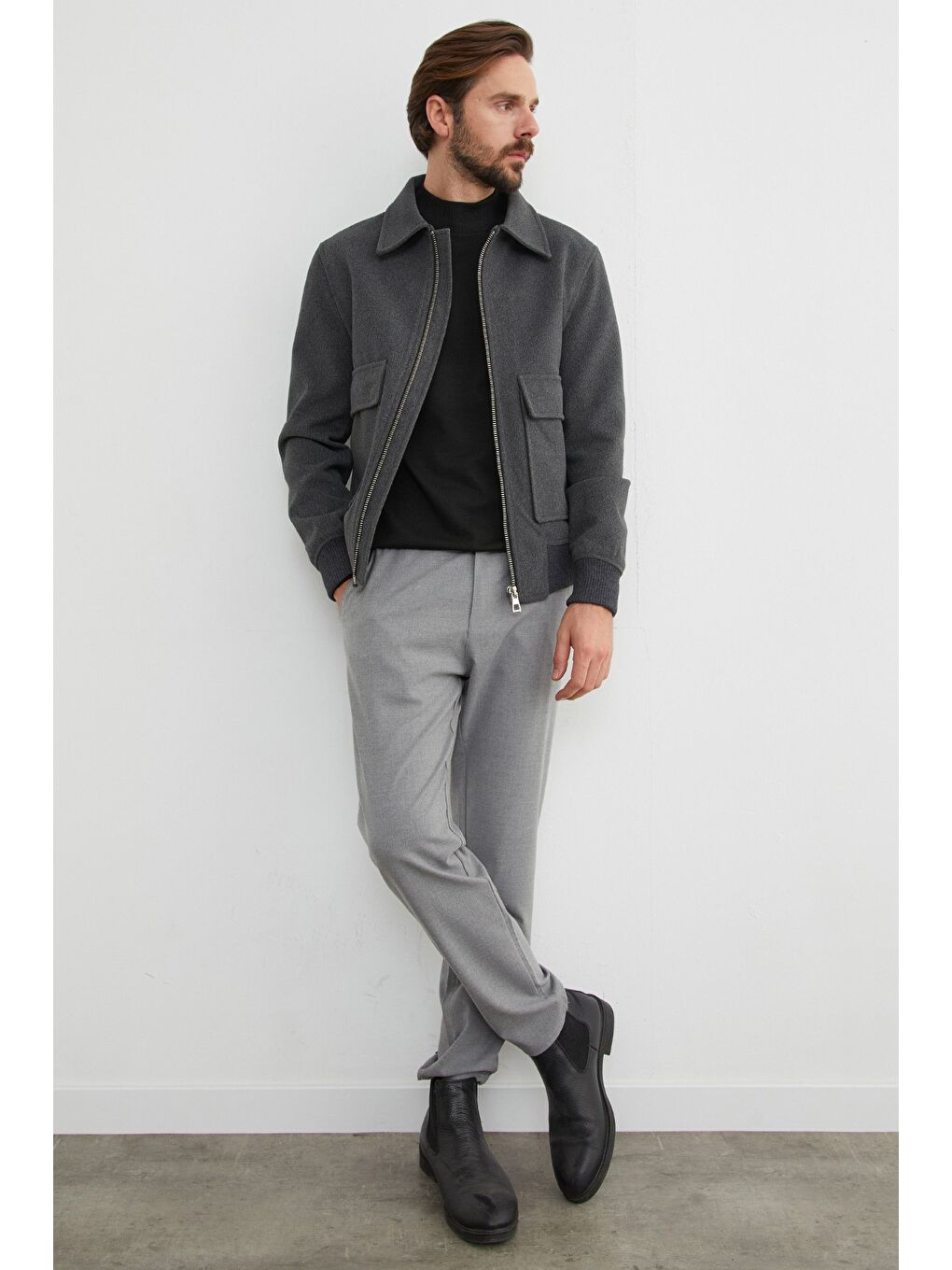 Antrasit Fermuarlı Polo Yaka Cepli Kaşe Ceket-4