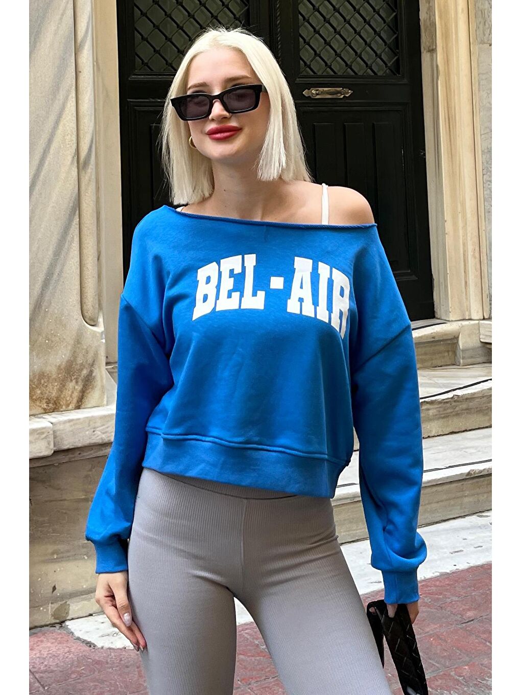 Madmext Saks Kayık Yaka Baskılı Kadın Sweatshirt MG2205 - 4