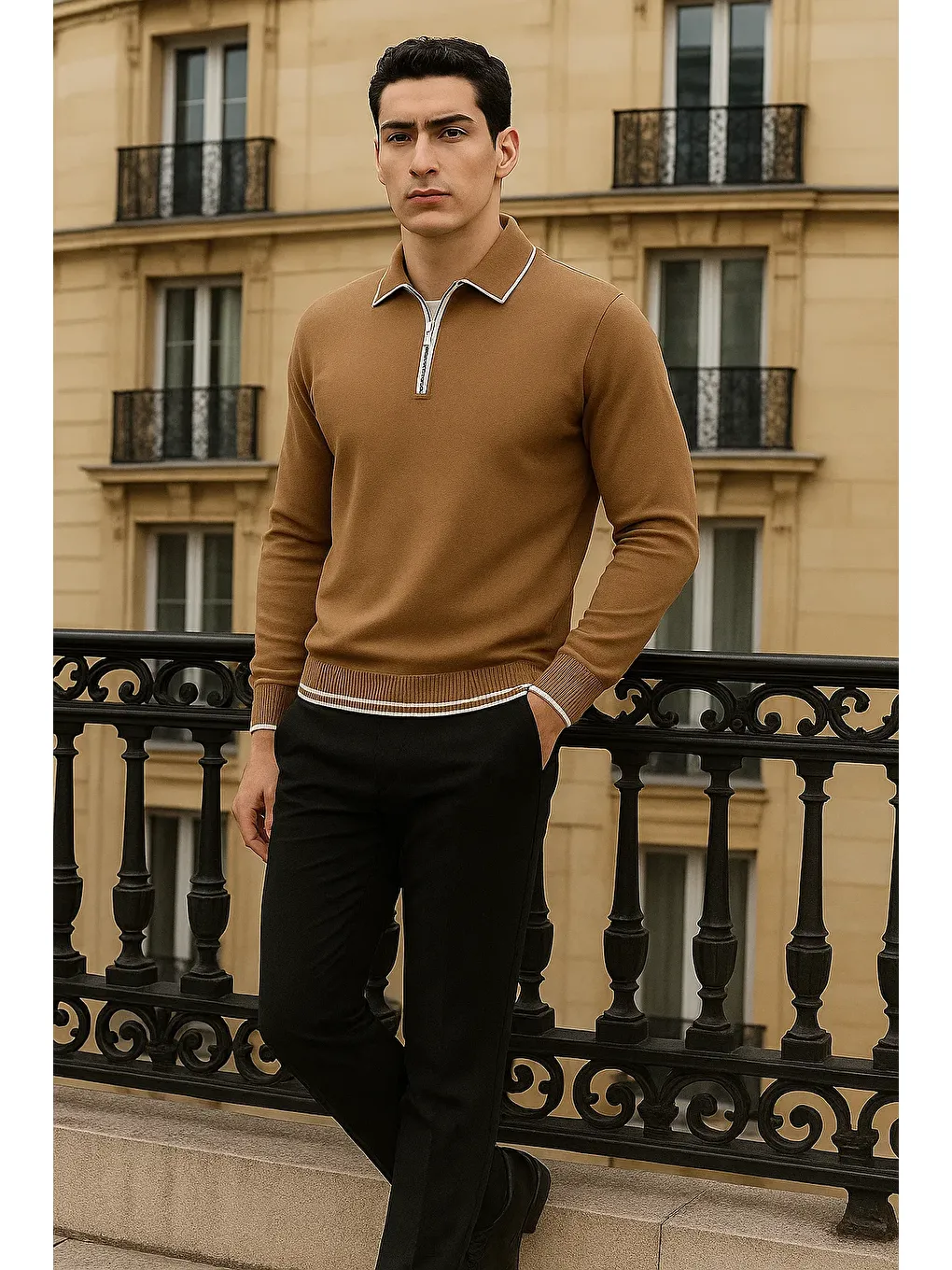 Kahverengi Erkek Trend Fermuarlı Camel Uzun Kollu Polo Yaka Tişört-2