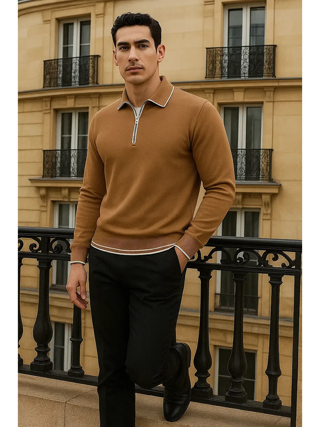 Kahverengi Erkek Trend Fermuarlı Camel Uzun Kollu Polo Yaka Tişört-3