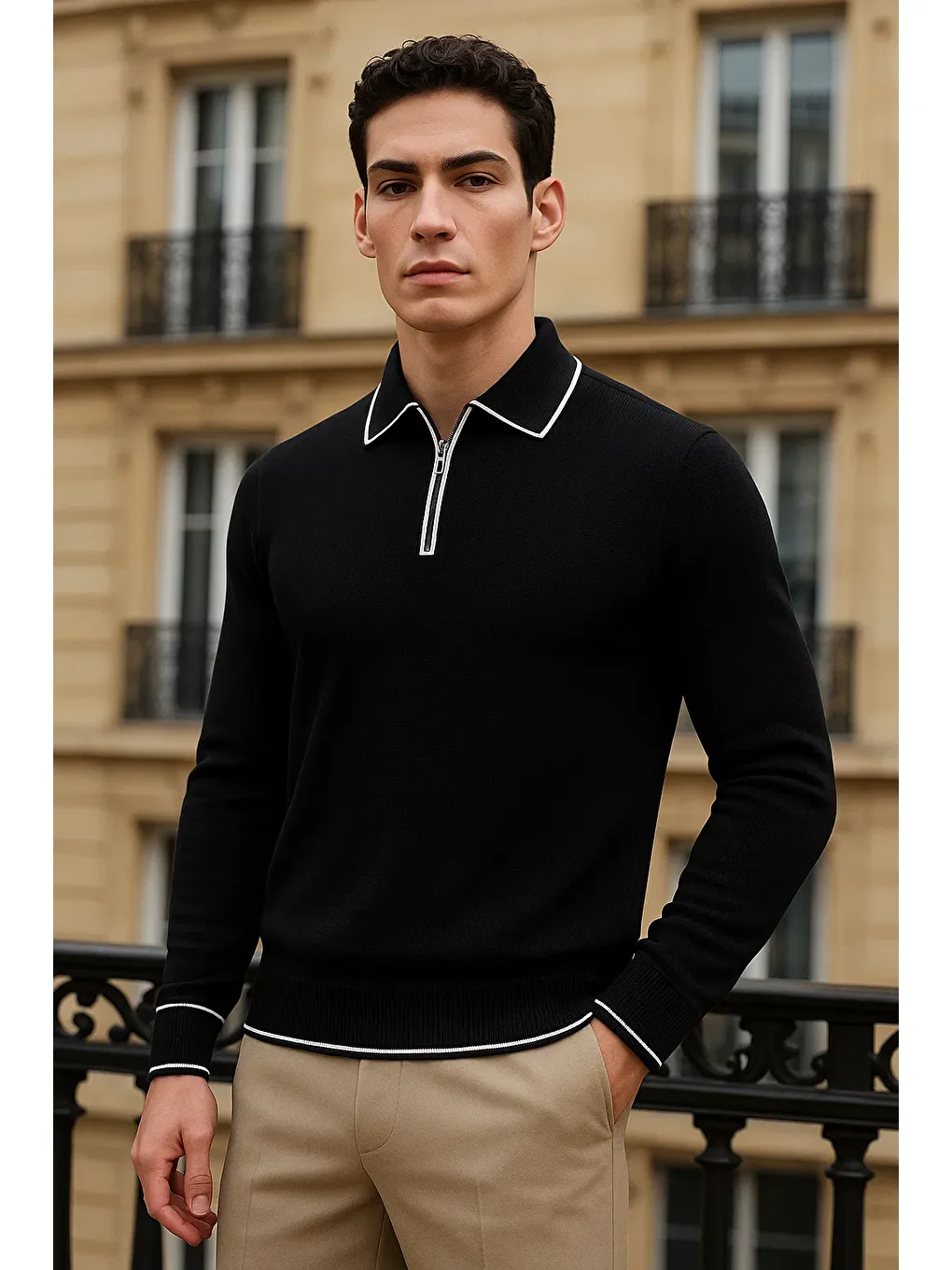 Erkek Trend Fermuarlı Siyah Uzun Kollu Polo Yaka Tişört