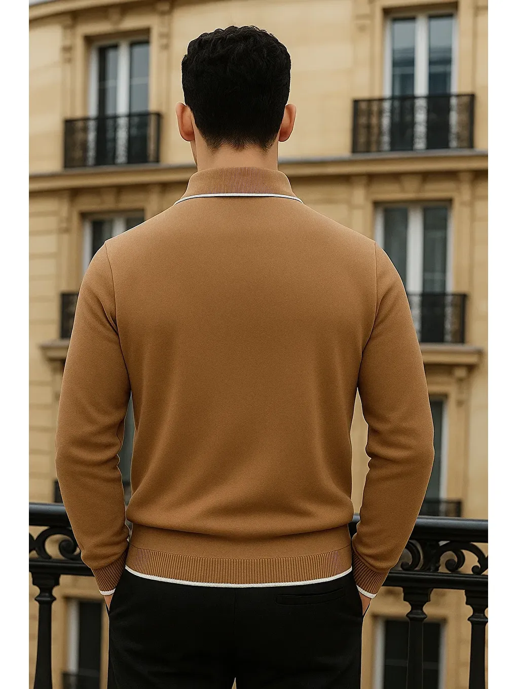 Kahverengi Erkek Trend Fermuarlı Camel Uzun Kollu Polo Yaka Tişört-4