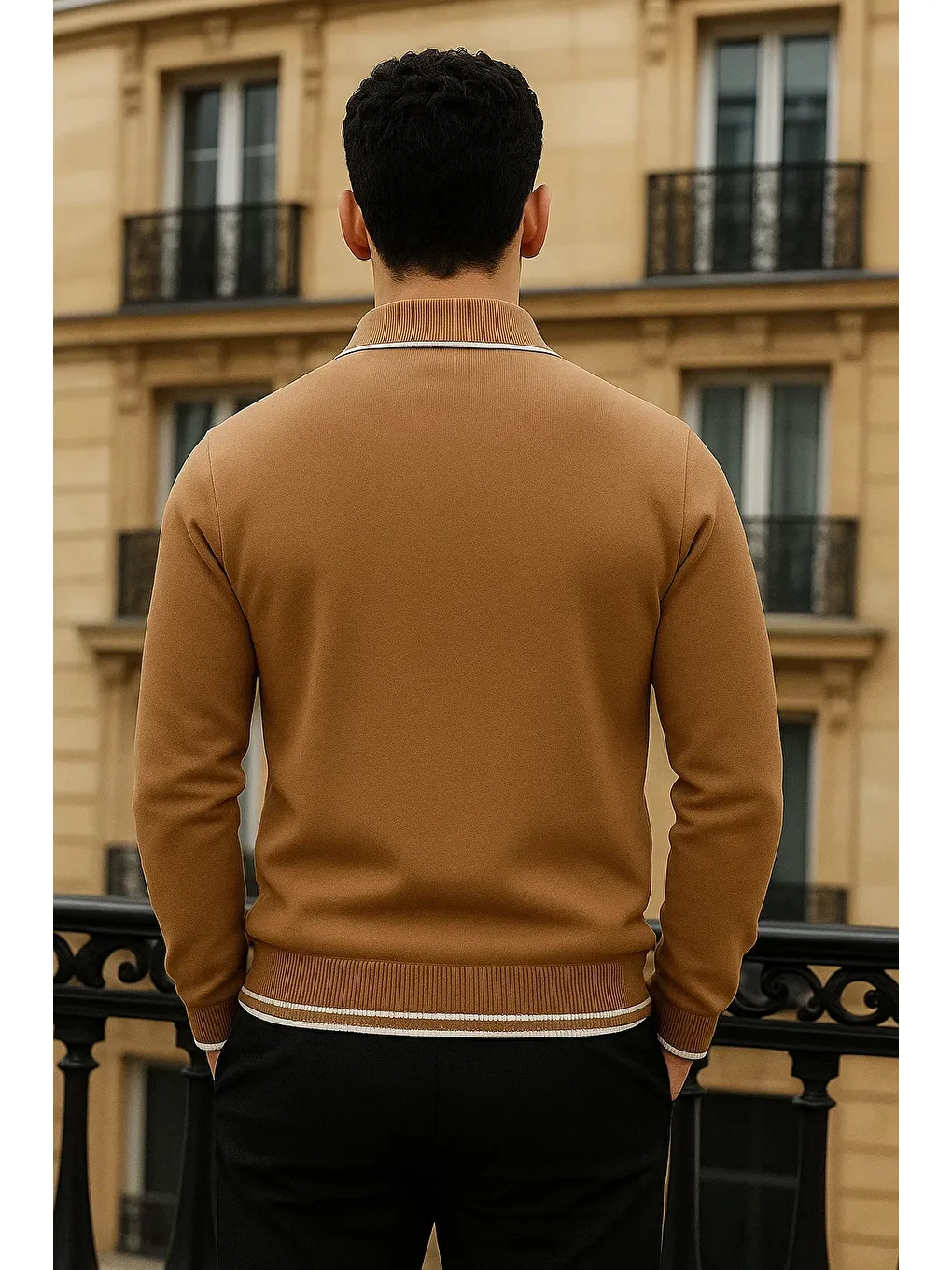 Kahverengi Erkek Trend Fermuarlı Camel Uzun Kollu Polo Yaka Tişört-5