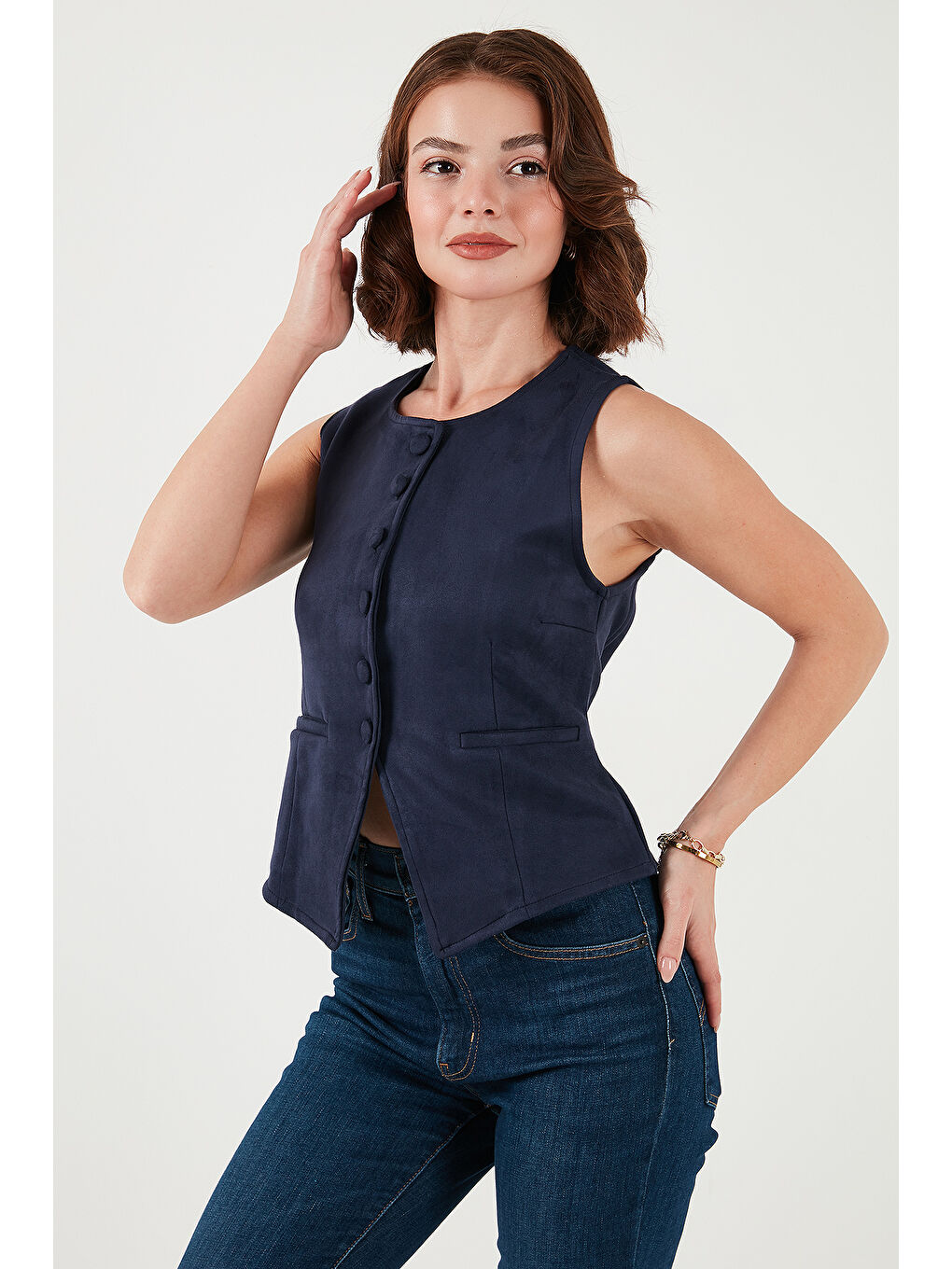 Lacivert Fitted Fit Bisiklet Yaka Düğmeli Yumuşak Dokulu Yelek 5866435-2