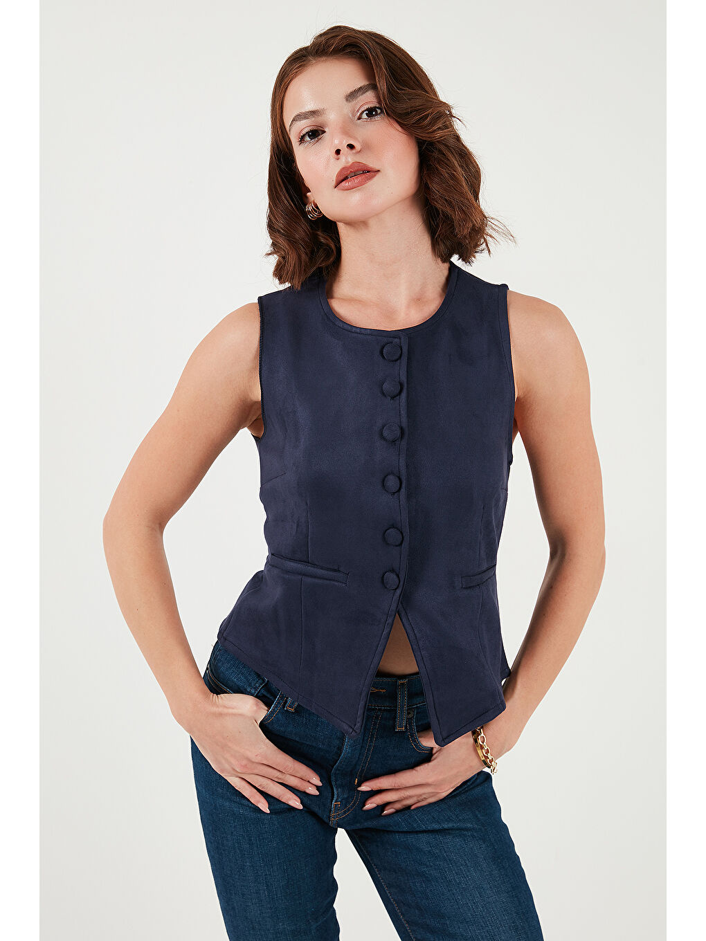 Lacivert Fitted Fit Bisiklet Yaka Düğmeli Yumuşak Dokulu Yelek 5866435-3