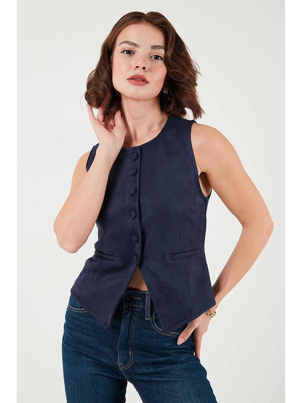 Lacivert Fitted Fit Bisiklet Yaka Düğmeli Yumuşak Dokulu Yelek 5866435-4