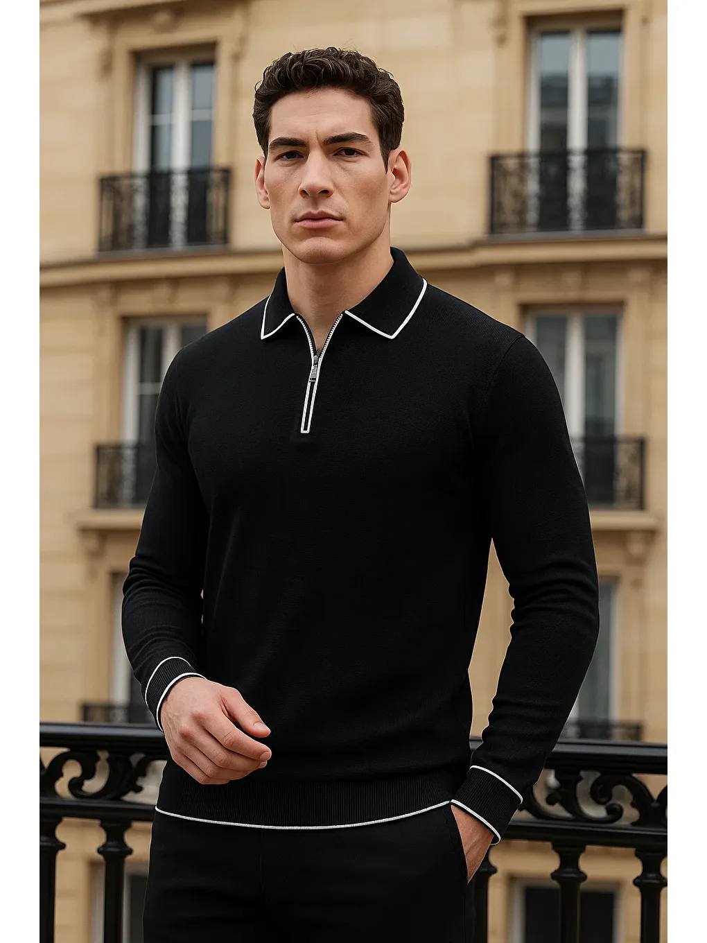 Erkek Trend Fermuarlı Siyah Uzun Kollu Polo Yaka Tişört-1