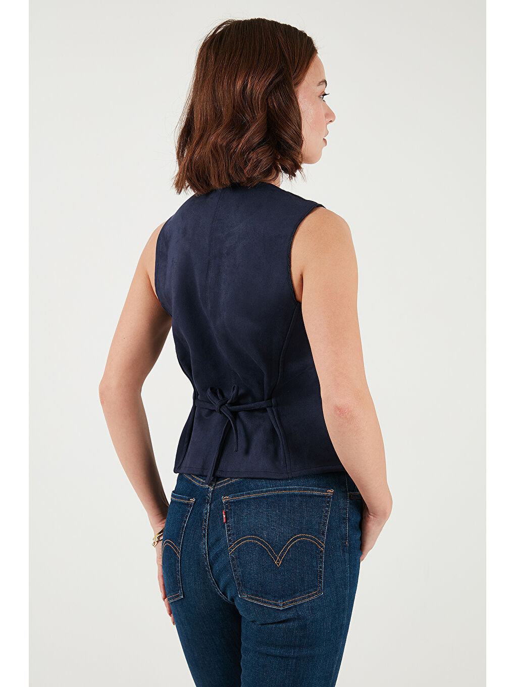 Lacivert Fitted Fit Bisiklet Yaka Düğmeli Yumuşak Dokulu Yelek 5866435-5