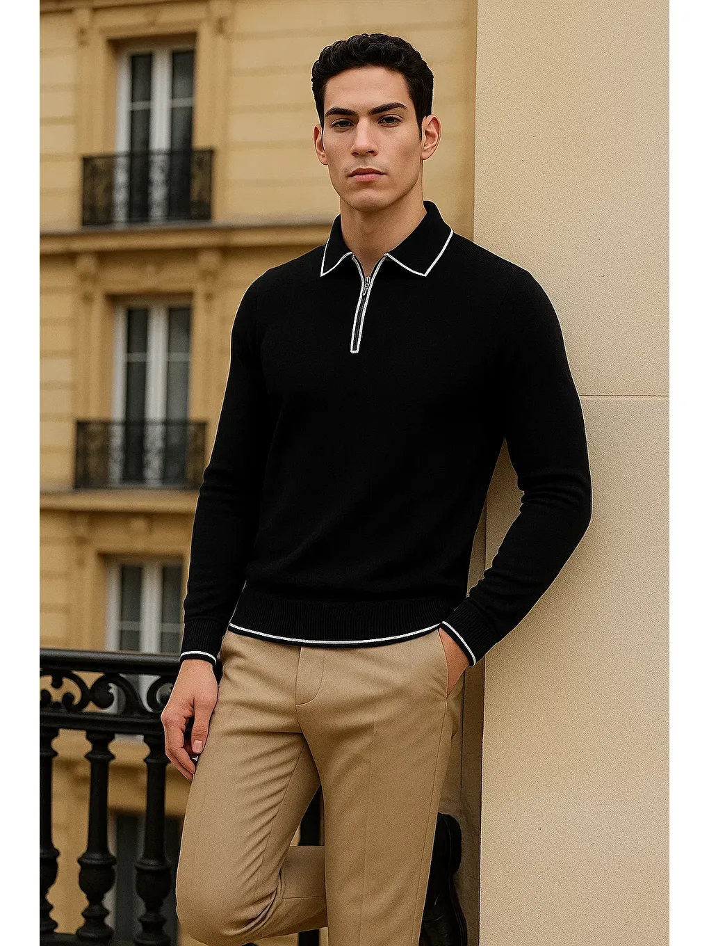 Erkek Trend Fermuarlı Siyah Uzun Kollu Polo Yaka Tişört-2