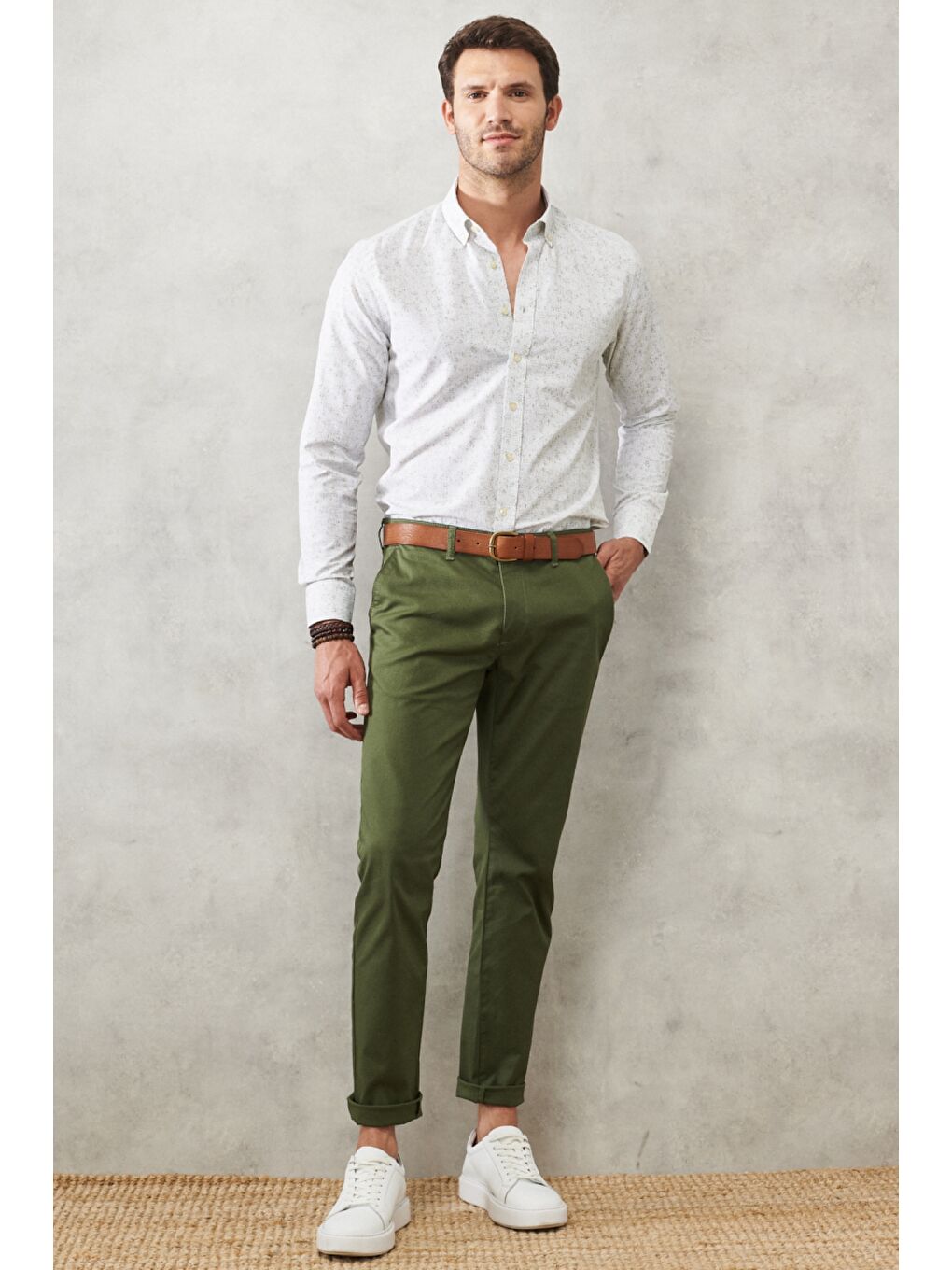 Erkek Haki Slim Fit Dar Kesim Yan Cepli Esnek Armürlü Chino Pantolon-1