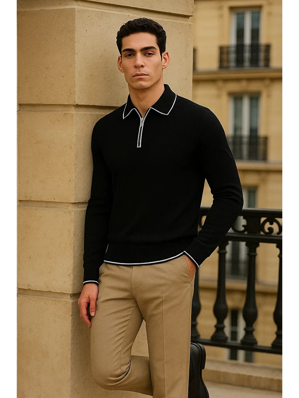 Erkek Trend Fermuarlı Siyah Uzun Kollu Polo Yaka Tişört-3