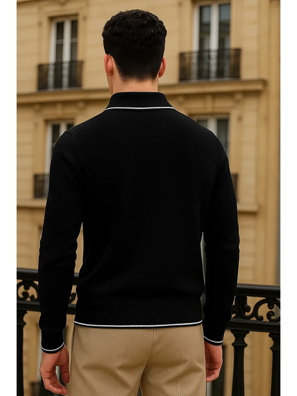 Erkek Trend Fermuarlı Siyah Uzun Kollu Polo Yaka Tişört-4