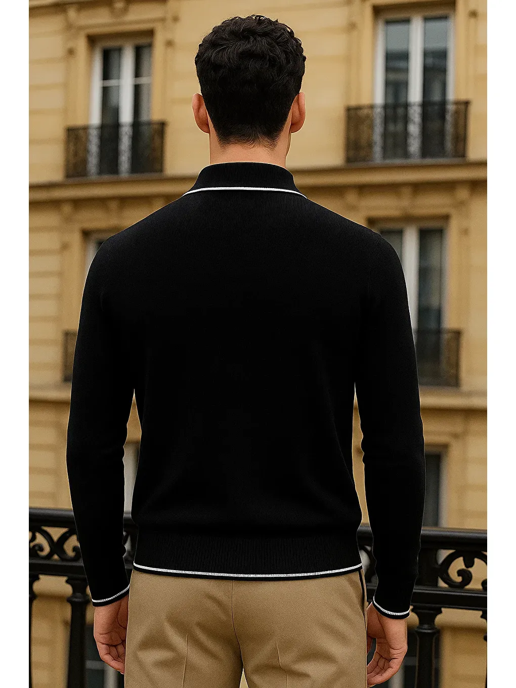 Erkek Trend Fermuarlı Siyah Uzun Kollu Polo Yaka Tişört-5