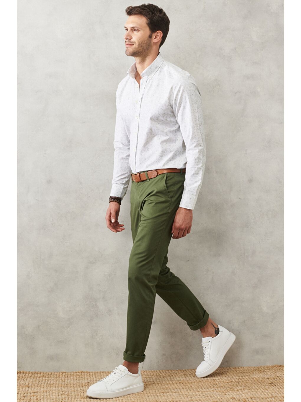 Erkek Haki Slim Fit Dar Kesim Yan Cepli Esnek Armürlü Chino Pantolon-2