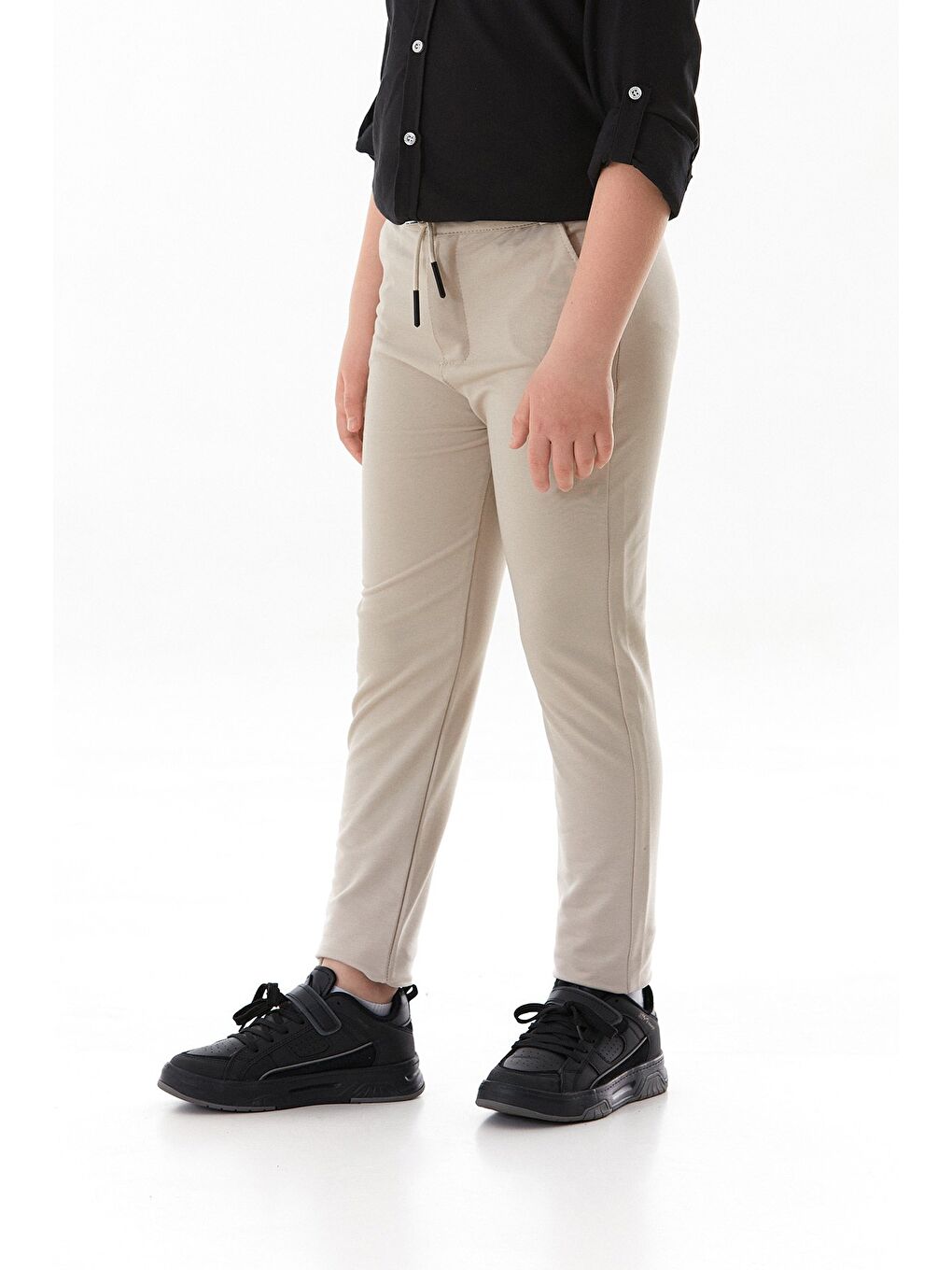 Bej Beli Lastikli Bağlamalı Duble Paça Erkek Çocuk Pantolon-1