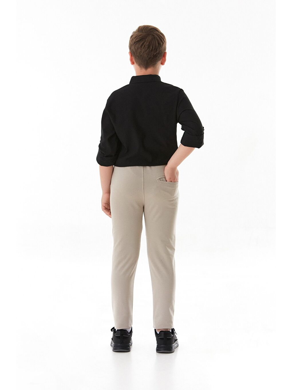 Bej Beli Lastikli Bağlamalı Duble Paça Erkek Çocuk Pantolon-3