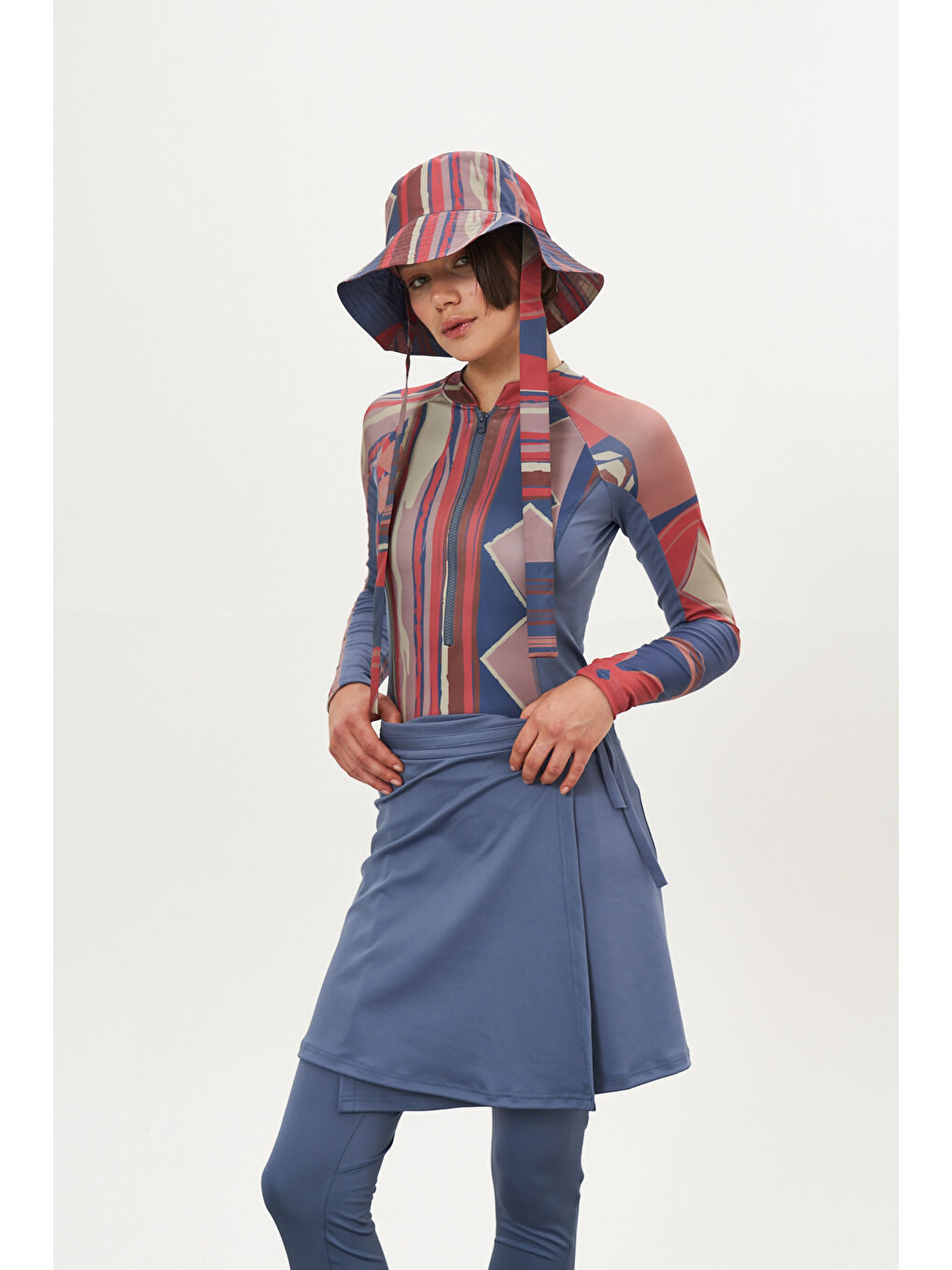 Karışık Yüzücü Mayo Tayt Etek 3lü Etnik Mayo Mavi-4