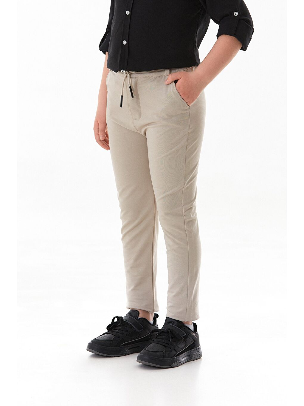 Bej Beli Lastikli Bağlamalı Duble Paça Erkek Çocuk Pantolon-4