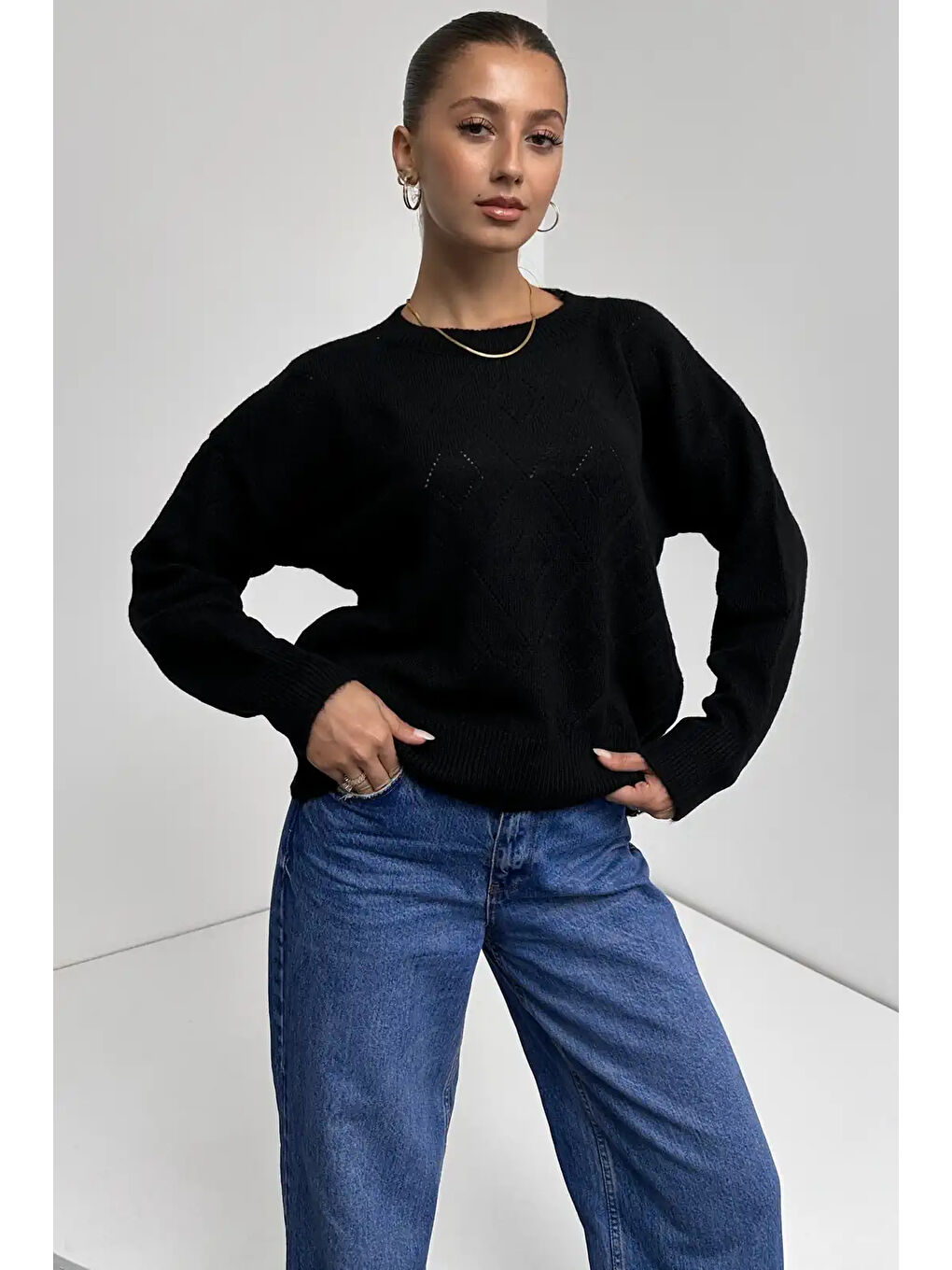 Bisiklet Yaka Baklava Desenli Triko Kazak Siyah-1