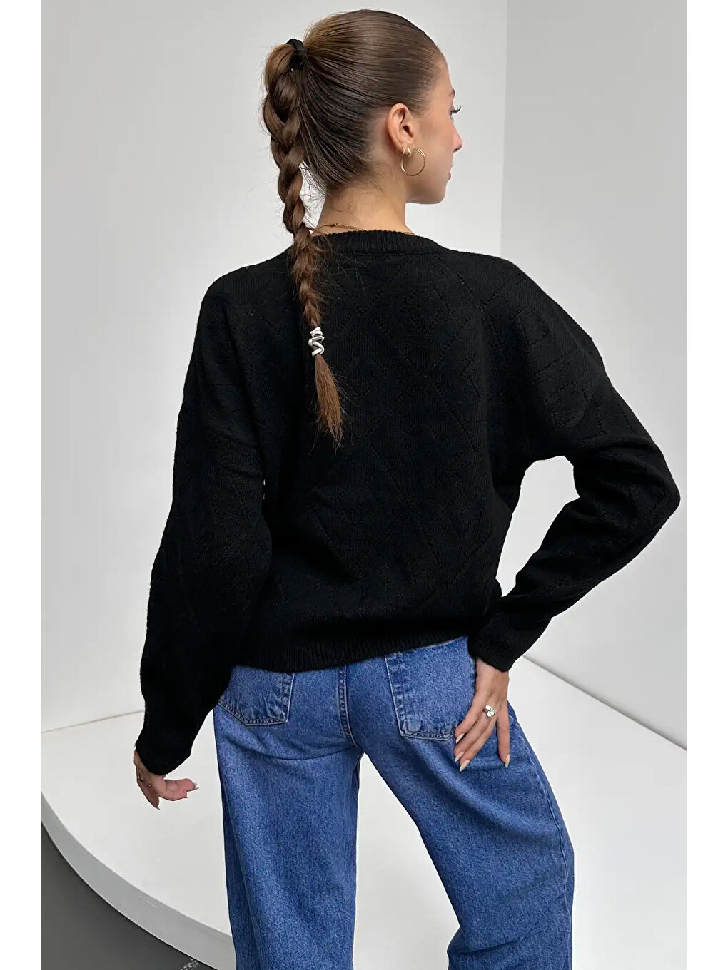 Bisiklet Yaka Baklava Desenli Triko Kazak Siyah-2