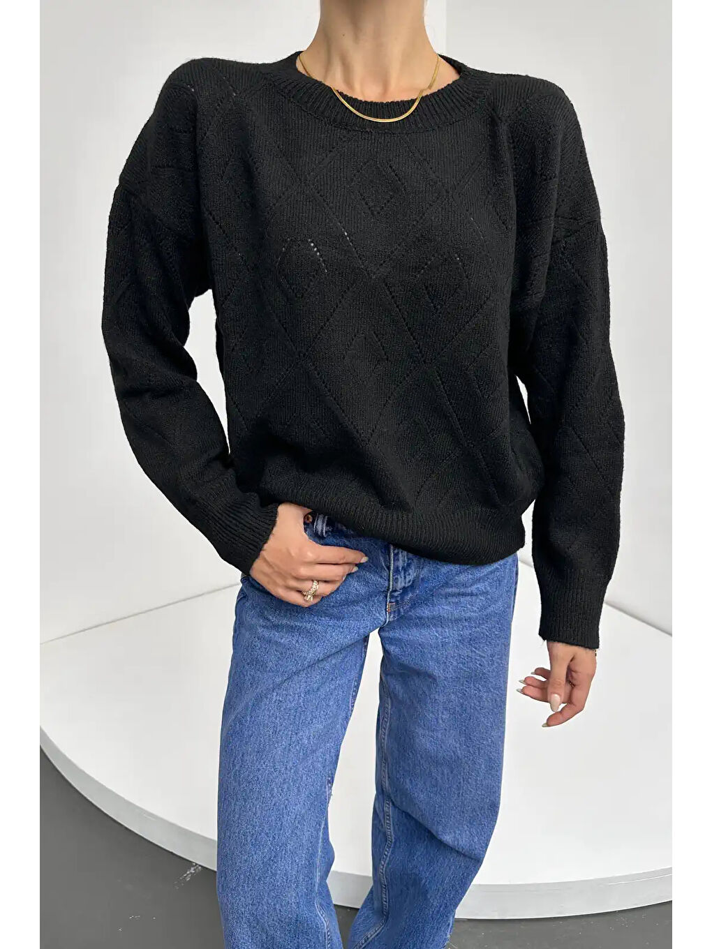 Bisiklet Yaka Baklava Desenli Triko Kazak Siyah-3