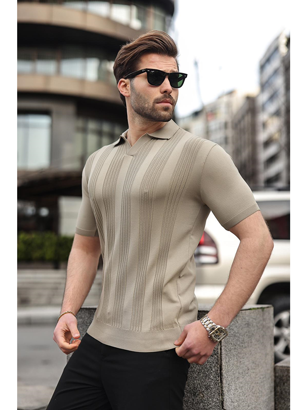 Bej Vizon Polo Yaka Triko Erkek Tişört E7469